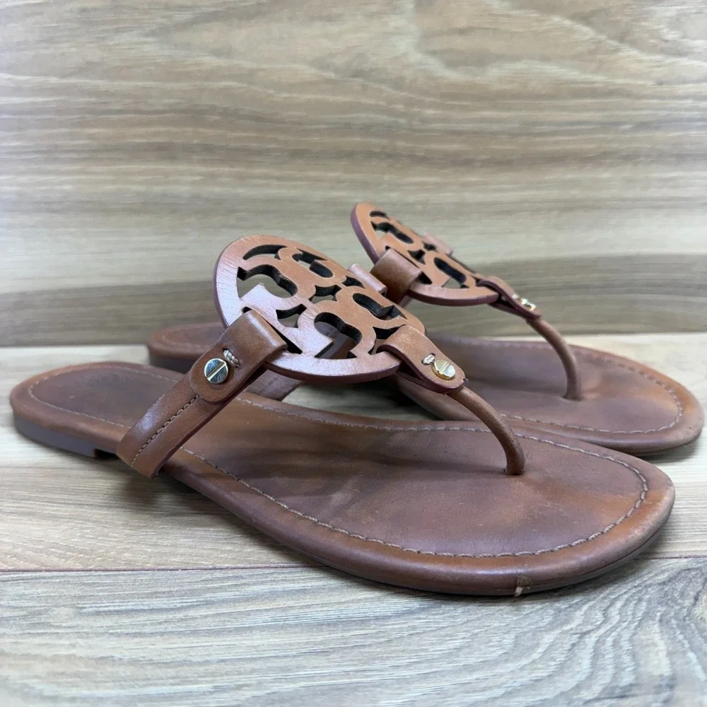 Tory Burch Miller Sandals 9.5 Royal Tan Leather Vacation Resort Flip Flops